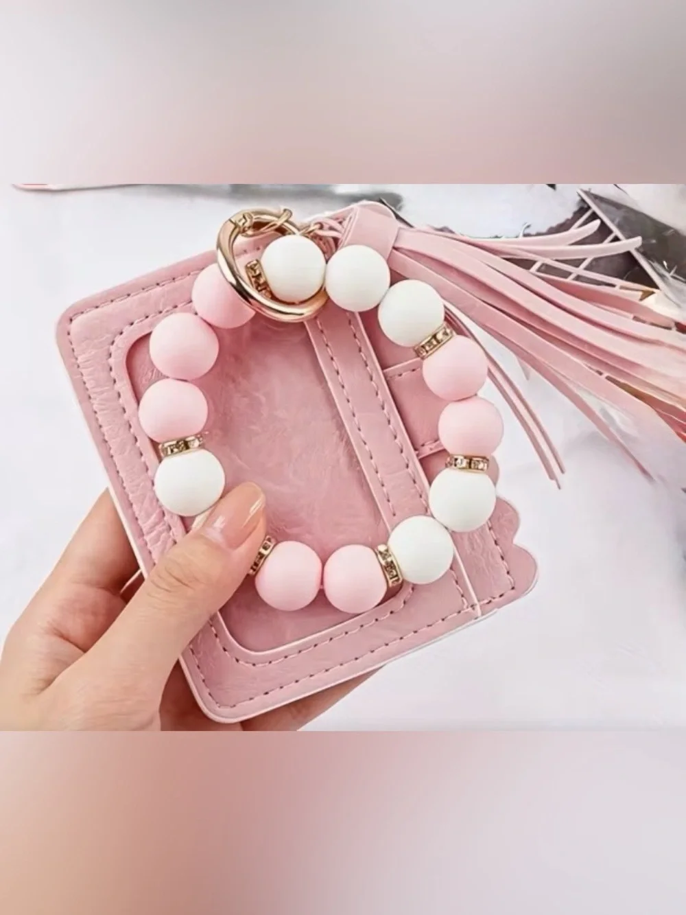 Blush Pink Silicone Beaded Tassel Wristlet Cardholder Keyring - New